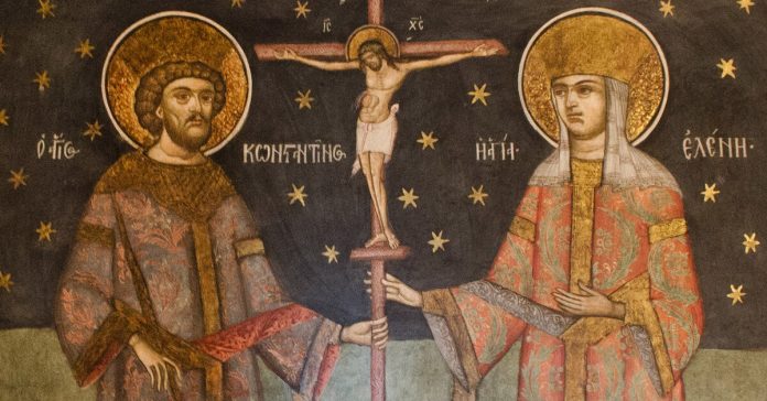 Sfinții Împărați și întocmai cu Apostolii, Constantin și mama sa, Elena. 21 mai. Constantinopol. Frescă Mănăstirea Hurezi.
