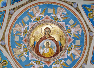 Maica Domnului - Oranta (frescă de Mihai și Gavril Moroșan, Mănăstirea Putna)